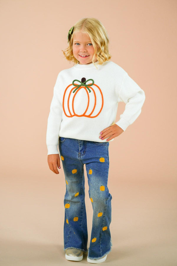 Pumpkin Denim Flare Set - 6-12 Months - Girl wearing white sweatshirt with orange pumpkin graphic and blue denim flare jeans with pumpkin patches.