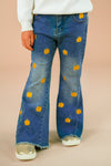 Pumpkin Denim Flare Set - 6-12 Months - Blue denim flare jeans with orange pumpkin prints and raw hem edges.