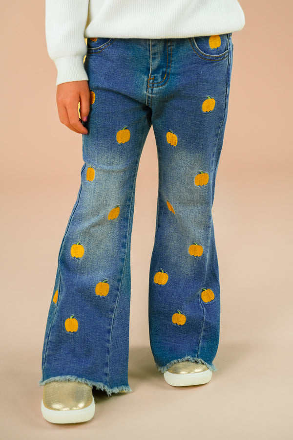 Pumpkin Denim Flare Set - 6-12 Months - Blue denim flare jeans with orange pumpkin prints and raw hem edges.
