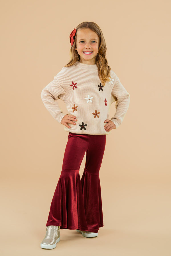 Knit Flower Print Sweater Bell Bottom Set - 3XS-6-12 Months - Cream knit sweater with colorful flower prints paired with shiny rust bell-bottom pants and silver shoes.