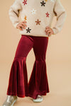 Knit Flower Print Sweater Bell Bottom Set - 3XS-6-12 Months - Cream knit sweater with multicolored flower appliques paired with rust-colored velvet bell-bottom pants.