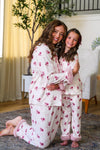 Mom & Me - Fuzzy Flower & Bow Pajamas - CHILD-6-12 Months - Matching cream-colored fuzzy pajamas with pink floral print, bow accents, and cuffed sleeves and pants for mother and.