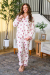 Mom & Me - Fuzzy Flower & Bow Pajamas - CHILD-6-12 Months - Cream fuzzy pajama set with pink floral print and matching bow accents on collar and cuffs.