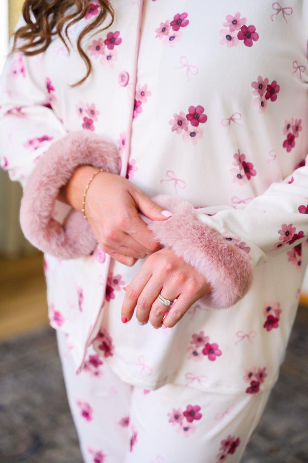 Mom & Me - Fuzzy Flower & Bow Pajamas - CHILD-6-12 Months - Cream pajamas with pink floral print, fuzzy pink cuffs, and matching bow detail on sleeves.
