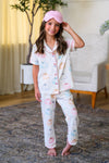 Mom & Me - Pastel Pumpkin Waffle Knit Pajamas - CHILD-6-12 Months - Girls’ pastel pumpkin waffle knit pajamas with short-sleeve button-up top and matching pants, paired with a pink sleep mask.