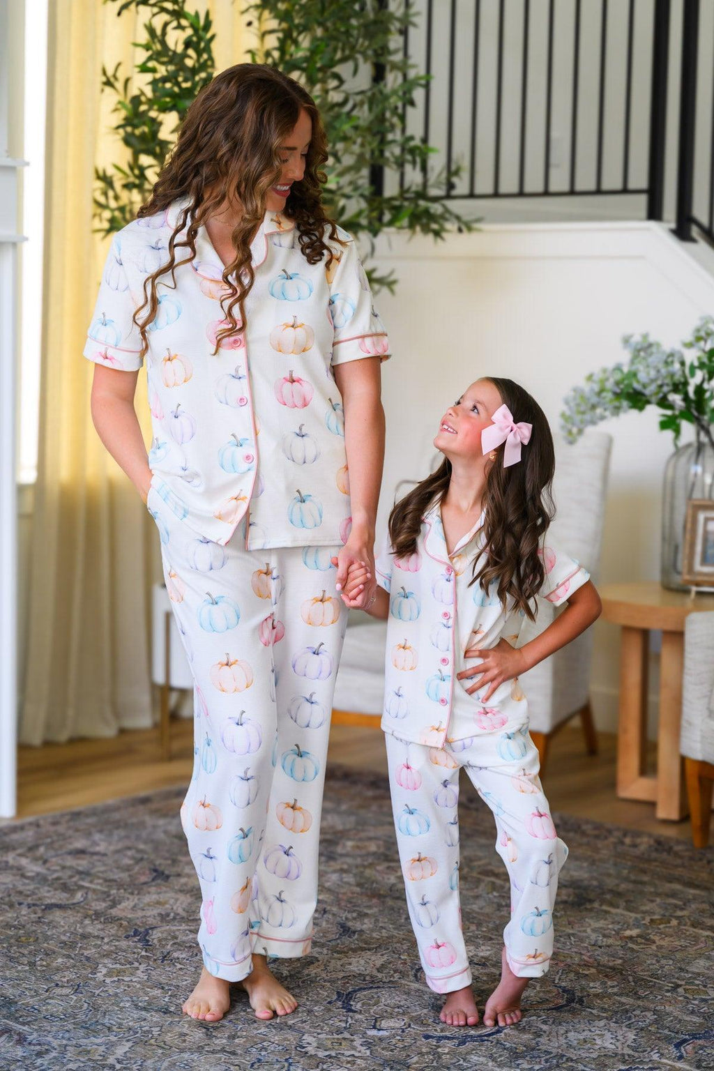 Mom & Me - Pastel Pumpkin Waffle Knit Pajamas - CHILD-6-12 Months - Matching pastel waffle knit pajamas with pumpkin and leaf patterns, short-sleeve button-up tops and full-length pants.
