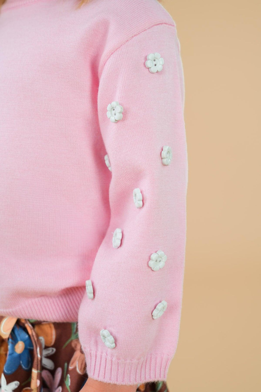 Pink & Brown Floral Skirt Set - 6-12 Months - Soft pink knit sweater sleeve adorned with small white 3D floral appliques.