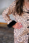 Mom & Me - Fuzzy Cheetah Pajamas - CHILD-6-12 Months - Beige fuzzy cheetah-print pajama top with black button closure and black faux fur cuffs on sleeves.