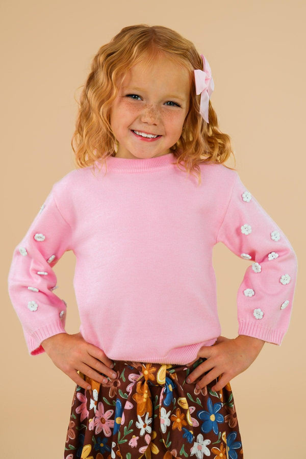 Pink & Brown Floral Skirt Set - 6-12 Months - Pink long-sleeve top with floral embroidered sleeves paired with a brown skirt featuring colorful flower prints and a yellow