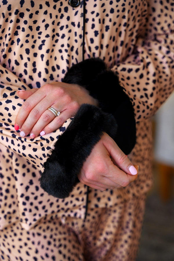 Mom & Me - Fuzzy Cheetah Pajamas - CHILD-6-12 Months - Fuzzy cheetah print pajamas with black plush cuffs on sleeves, soft textured fabric, button-up front.