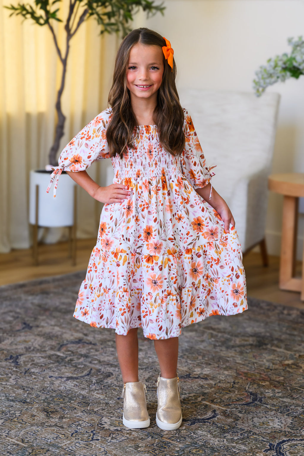 Mom & Me - Floral Fall Watercolor Dress - CHILD-6-12 Months - Cream-colored midi dress with orange and green floral watercolor print, puffed elbow-length sleeves, and a gathered waist on