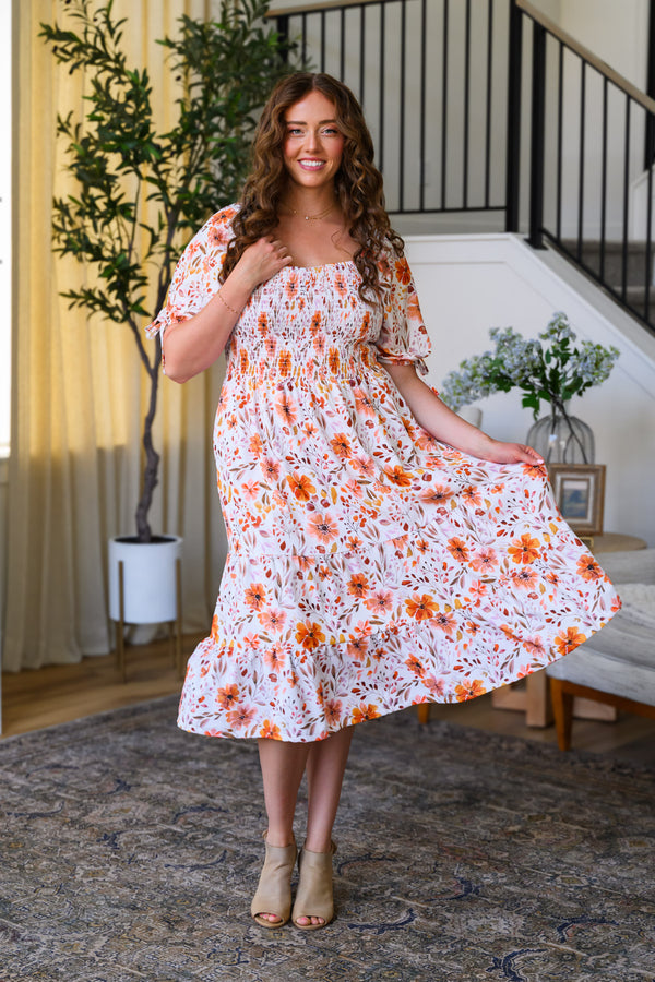 Mom & Me - Floral Fall Watercolor Dress - CHILD-6-12 Months - Cream midi dress with orange floral watercolor print, puff sleeves, and ruffled hem.