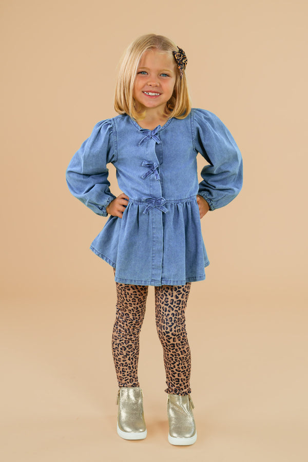 Faux Denim Cheetah Legging Set - 6-12 Months - Girl wearing a blue faux denim long-sleeve dress with puffed shoulders and button front, paired with brown cheetah print.