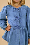Faux Denim Cheetah Legging Set - 6-12 Months - Blue faux denim long-sleeve top with puffed shoulders and three front bow ties, peplum hem.