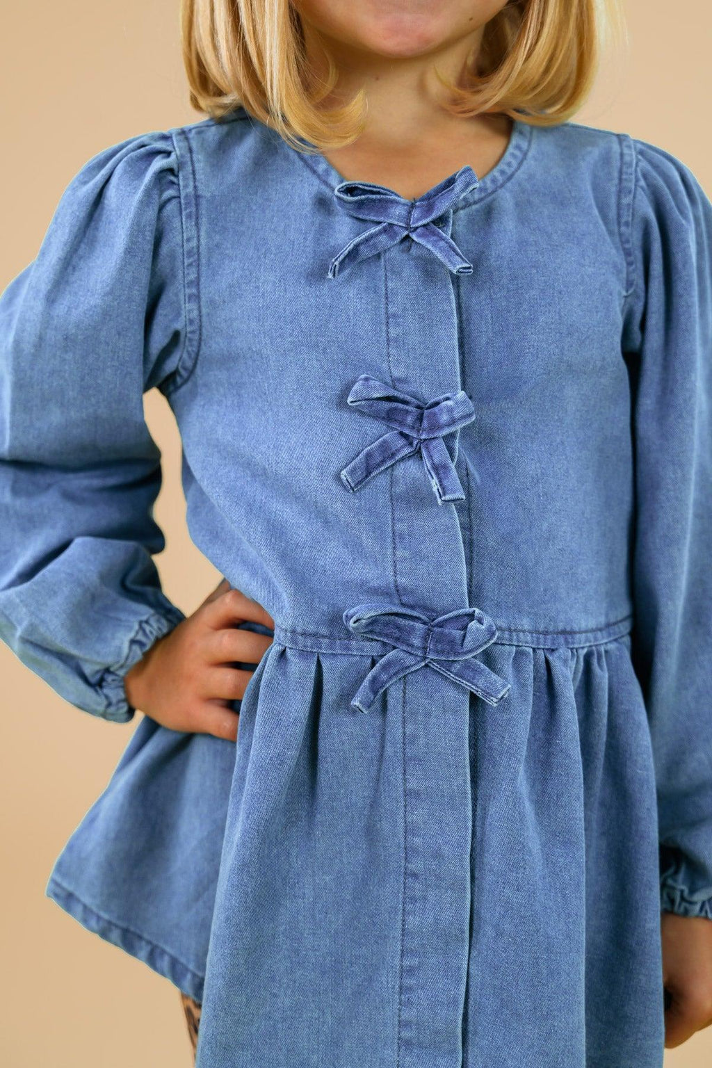Faux Denim Cheetah Legging Set - 6-12 Months - Blue faux denim long-sleeve top with puffed shoulders and three front bow ties, peplum hem.