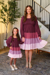 Mom & Me - Purple Ruffle Ombre Dress - CHILD-6-12 Months - Matching purple ombre dresses with ruffled tiers, long puff sleeves, and smocked bodices for mom and daughter.