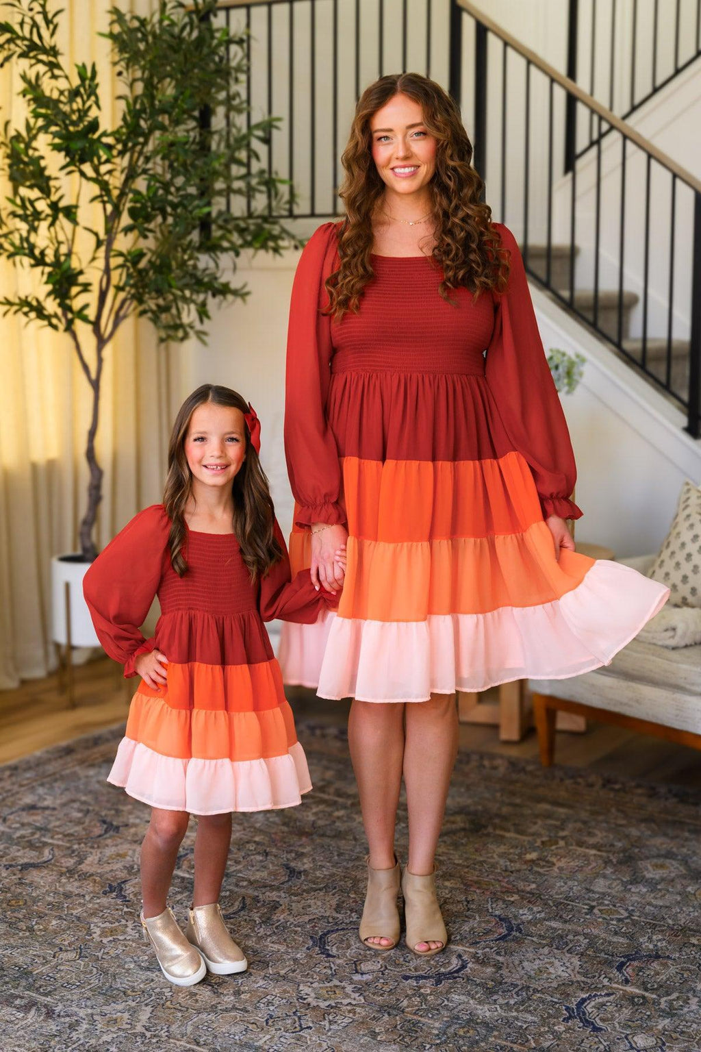 Mom & Me - Fall Ruffle Ombre Dress - CHILD-6-12 Months - Matching long-sleeve fall dresses with ruffle tiers in rust, orange, and pink ombre layers.