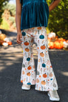 Velvet Pumpkin Flare Set - 6-12 Months - White flare pants with colorful velvet pumpkins and autumn leaves pattern, high-waisted fit.