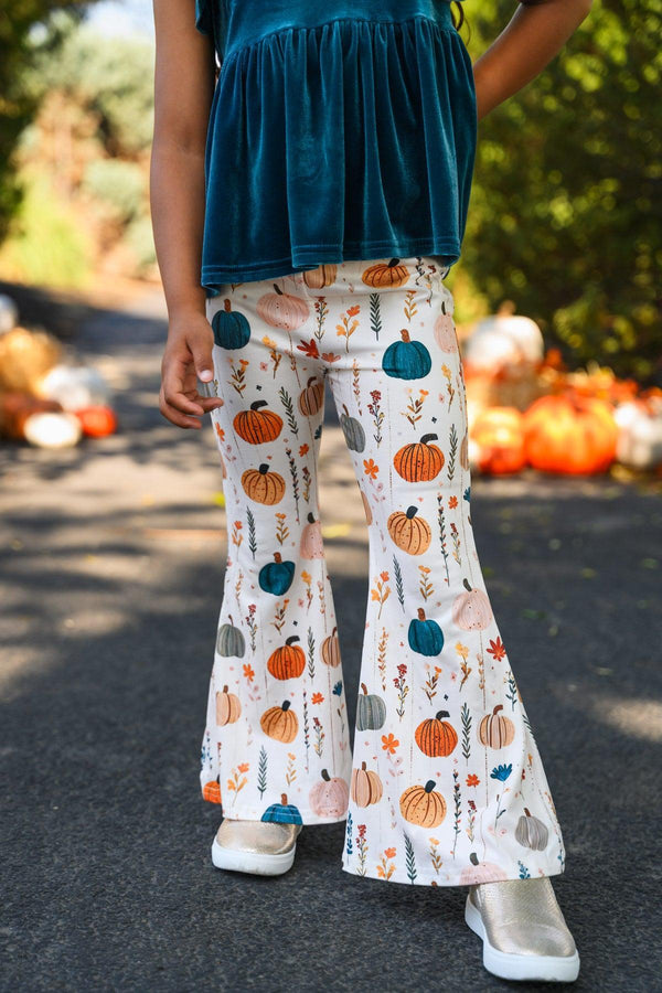 Velvet Pumpkin Flare Set - 6-12 Months - White flare pants with colorful velvet pumpkins and autumn leaves pattern, high-waisted fit.