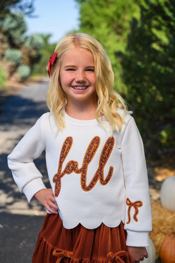 "Fall" Rust Floral Suede Skirt Set - 6-12 Months - Cream long-sleeve top with scalloped hem and rust floral leopard print "fall" text paired with rust suede skirt.
