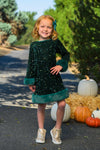 Sparkle Plush Sequin Long Sleeve Dress - Green / 6-12 Months - Dark green plush long sleeve dress with sparkling sequins and faux fur trim on cuffs and hem.