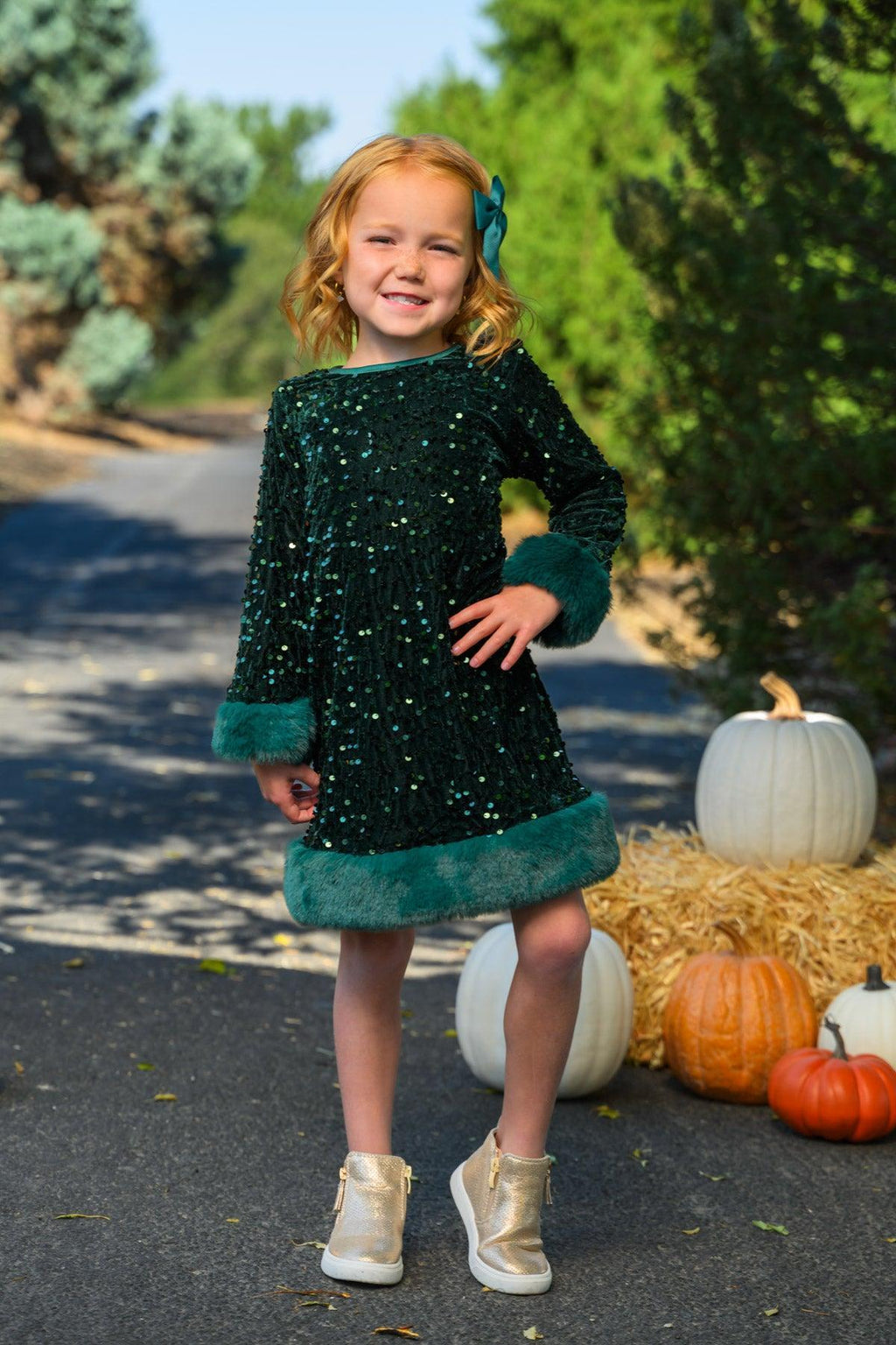 Sparkle Plush Sequin Long Sleeve Dress - Green / 6-12 Months - Dark green plush long sleeve dress with sparkling sequins and faux fur trim on cuffs and hem.