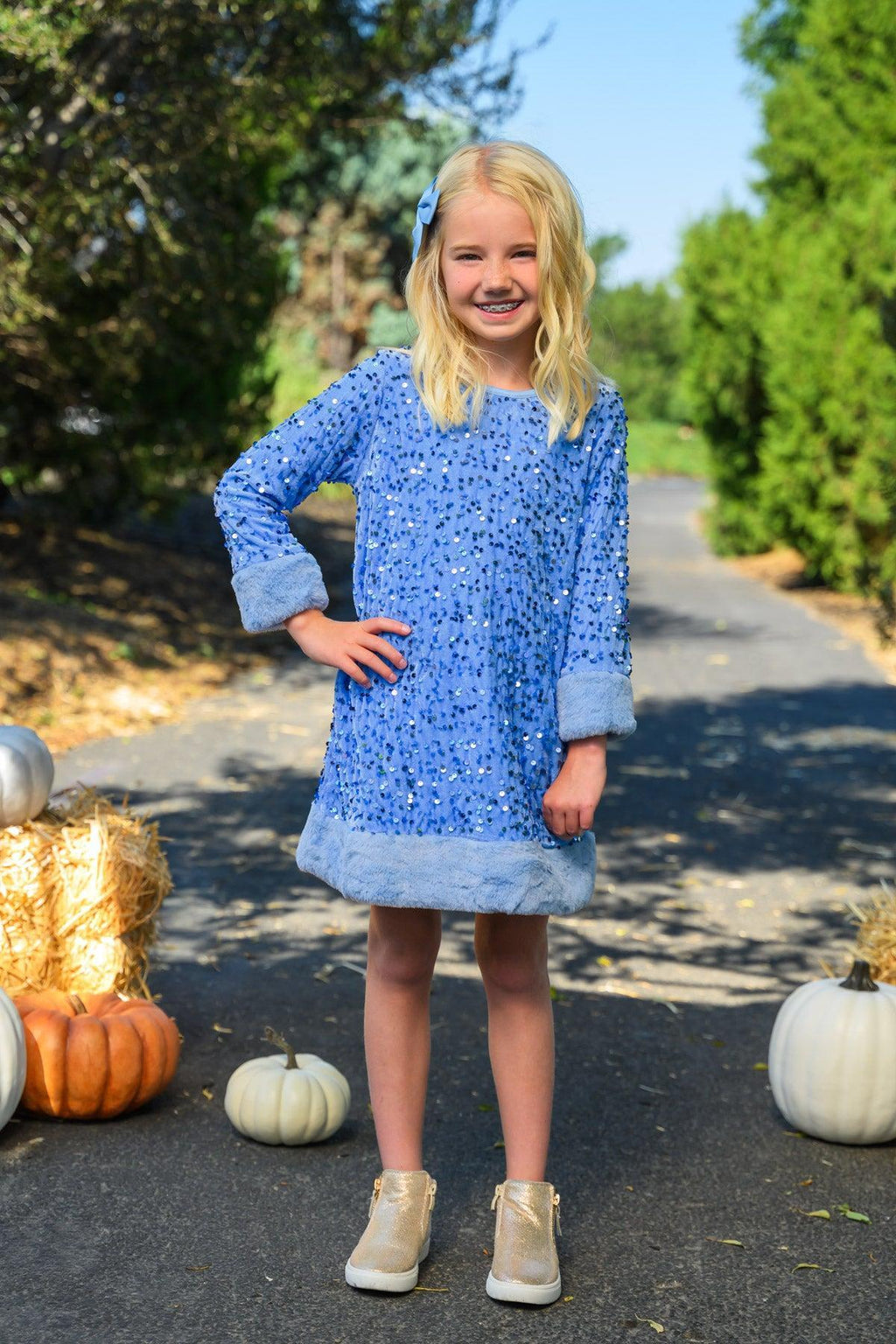 Sparkle Plush Sequin Long Sleeve Dress - Green / 6-12 Months - Blue long sleeve dress with plush sequin fabric and a fuzzy cuff hem, worn with sneakers.