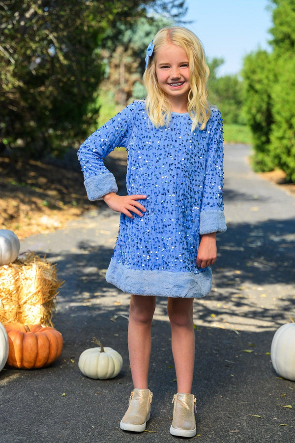 Sparkle Plush Sequin Long Sleeve Dress - Green / 6-12 Months - Blue plush sequin long sleeve dress with fuzzy cuffs and hem worn by a child.