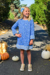 Sparkle Plush Sequin Long Sleeve Dress - Green / 6-12 Months - Blue long sleeve sequin dress with plush hem and cuffs, worn by smiling child outdoors.