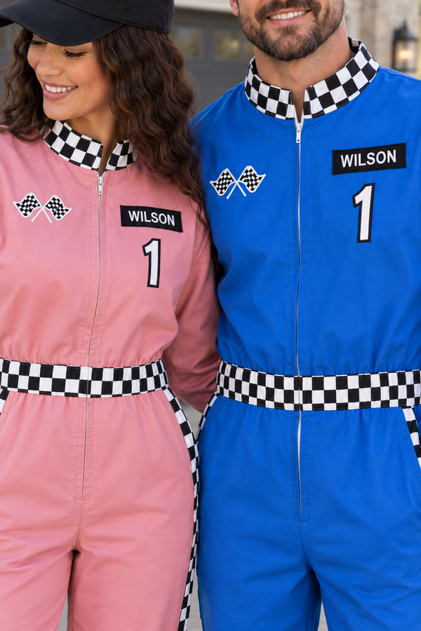 Family Racer Costume - BOY-6-12 Months-FAMILY - Pink and blue family racer costumes with black and white checkered collar and waist, embroidered patches, and name tag.