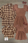 Family Brown Dress & Flannel - GIRL-6-12 Months-FAMILY - Set of brown plaid flannel shirts with matching brown textured puff sleeve dresses and pink scrunchies, paired with white.