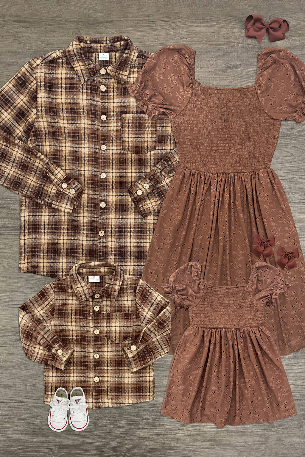 Family Brown Dress & Flannel - GIRL-6-12 Months-FAMILY - Set of brown plaid flannel shirts with matching brown textured puff sleeve dresses and pink scrunchies, paired with white.