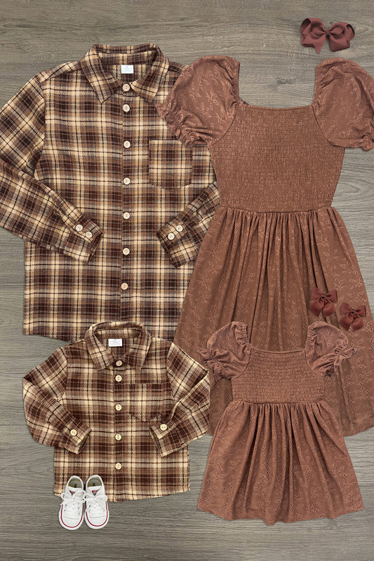 Family Brown Dress & Flannel - GIRL-6-12 Months-FAMILY - Set of brown plaid flannel shirts with matching brown textured puff sleeve dresses and pink scrunchies, paired with white.