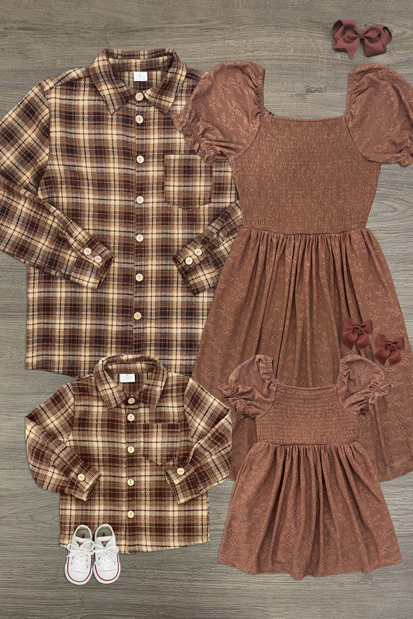 Family Brown Dress & Flannel - GIRL-6-12 Months-FAMILY - Set of brown plaid flannel shirts with matching brown textured puff sleeve dresses and pink scrunchies, paired with white.