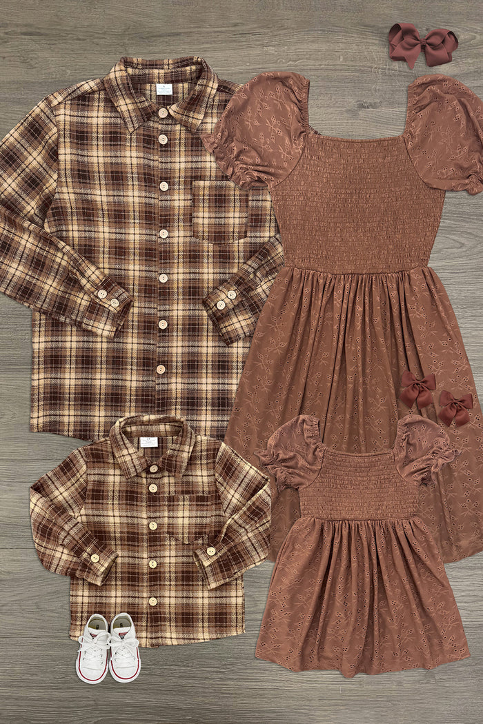 Family Brown Dress & Flannel - GIRL-6-12 Months-FAMILY - Set of brown plaid flannel shirts with matching brown textured puff sleeve dresses and pink scrunchies, paired with white.