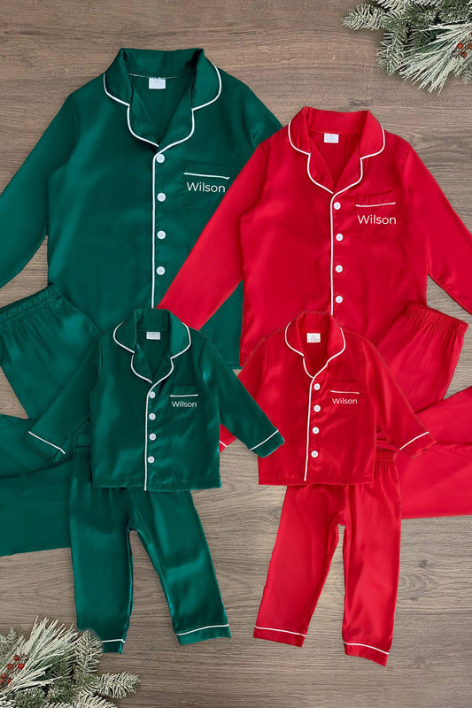 Red & Green Silk Family Pajamas - AND PET BANDANA! - PET-Green Bandana-FAMILY - Matching red and green silk-look family pajamas with white piping, button fronts, chest embroidery, and long pants.