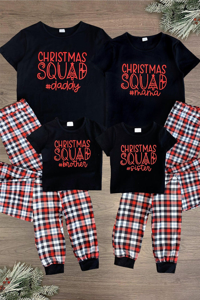 "Christmas Squad" Family Pajamas - AND PET BANDANA! - BOY-3XS-6-12 Months-FAMILY - Black short-sleeve shirts with red "Christmas Squad" text paired with red and black plaid pants and matching pet bandana.