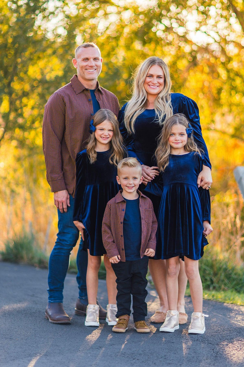 Family Navy Velvet Dress & Brown Gingham Button Down