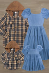 Family Blue Dress & Brown Flannel Hoodie | Sparkle in Pink