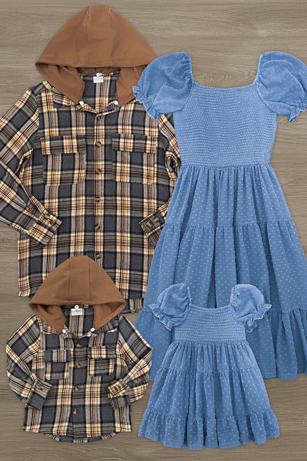 Family Blue Dress & Brown Flannel Hoodie | Sparkle in Pink