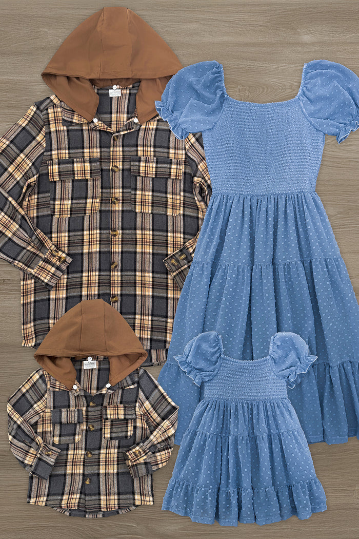 Family Blue Dress & Brown Flannel Hoodie | Sparkle in Pink