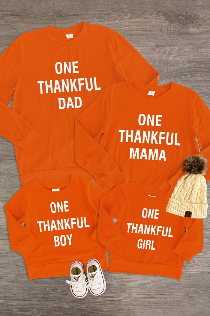 "One Thankful Mama, Dad, Girl, Boy" Family Tops - GIRL-3XS-6-12 Months-FAMILY - Bright orange family tops with white text sayings "One Thankful Dad," "One Thankful Mama," "One Thankful Boy," and "One.