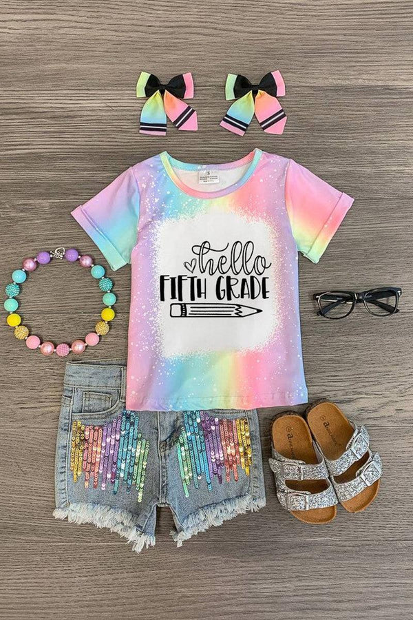 "Hello Pre-K - 6th Grade" Rainbow Denim Short Set | Sparkle in Pink