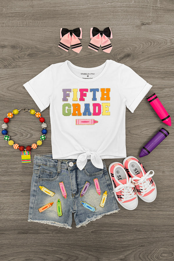 "Pre School - Sixth Grade" Crayon Denim Short Set | Sparkle in Pink