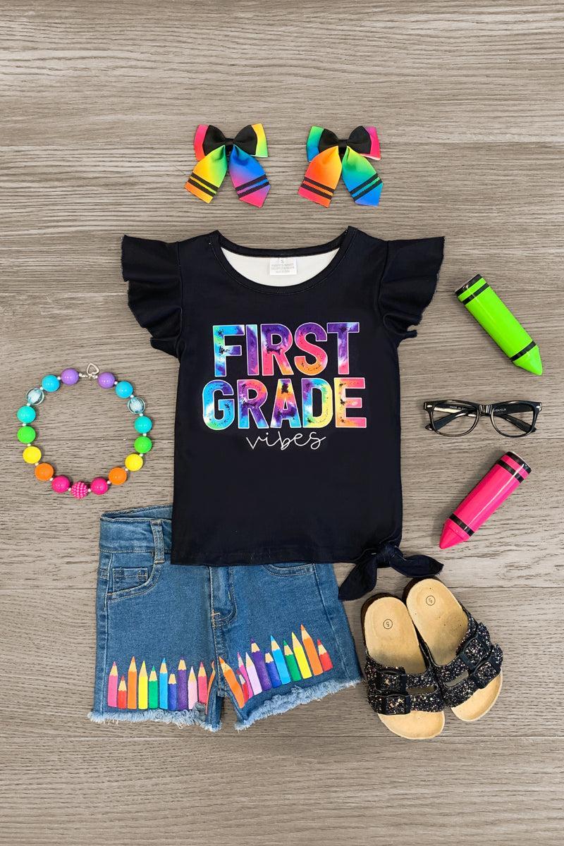 "Pre-K - Fifth Grade Vibes" Denim Short Set | Sparkle in Pink