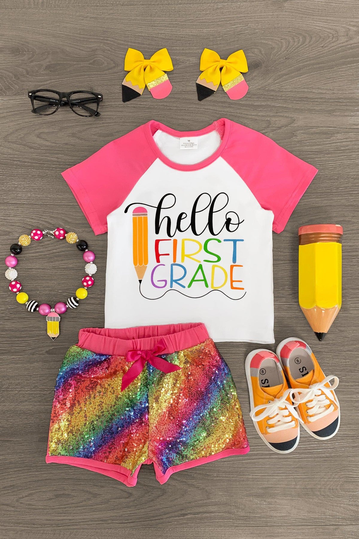 Hello Preschool - 4th Grade Rainbow Sequin Short Set