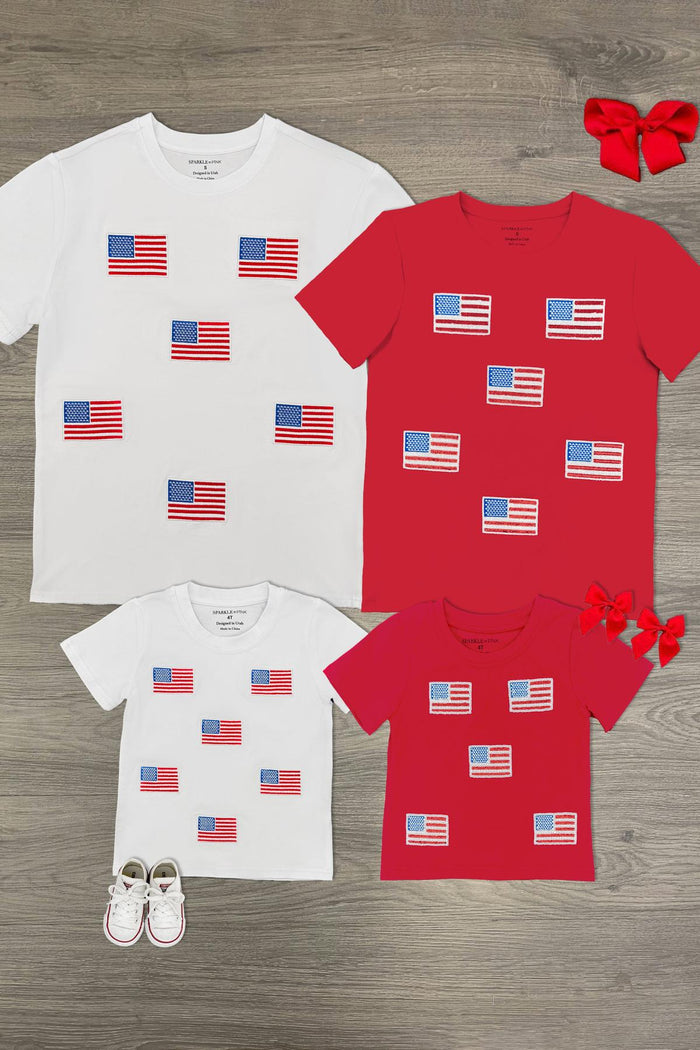 Red & White American Flag Tops - GIRL-6-12 Months-FAMILY - White and red kids and adult t-shirts with scattered American flag prints and matching red hair bows.