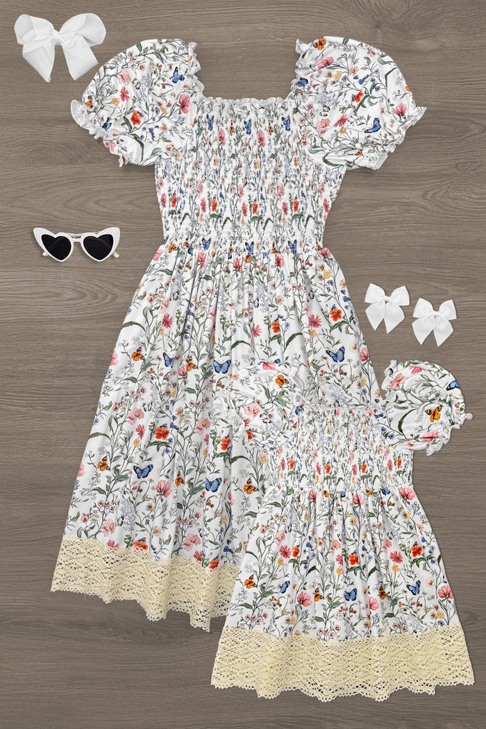 Mom & Me - Butterfly Floral Dress - CHILD-6-12 Months - Cream floral dress with puff sleeves and lace hem, matching child’s dress, paired with white bow clips and heart-shaped.