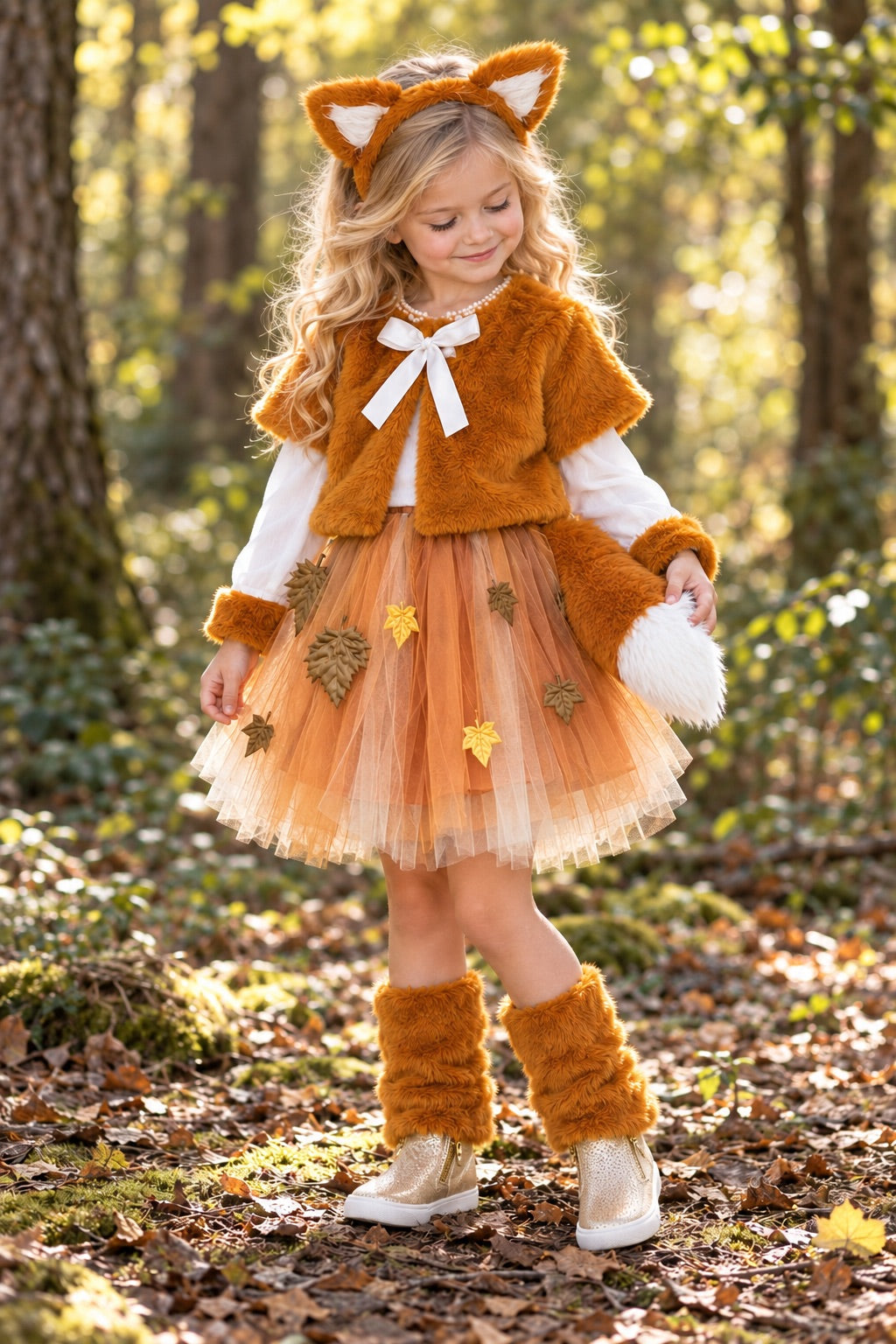 Fox Costume - 4 Piece Set - 6-12 Months - Child wearing a brown fuzzy fox costume with ears headband, cape, layered orange tutu, and leg warmers, holding a white tail