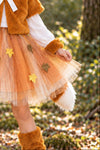 Fox Costume - 4 Piece Set - 6-12 Months - Brown fuzzy fox tail with white tip attached to orange tulle skirt decorated with embroidered autumn leaves.